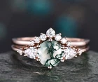 Unique round moss agate wedding ring set vintage 14k rose gold over bridal set