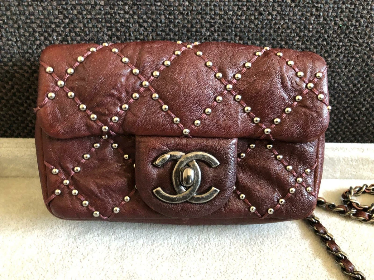 AUTHENTIC CHANEL DISTRESSED CALFSKIN PARIS DALLAS STUDDED EXTRA MINI FLAP  BAG