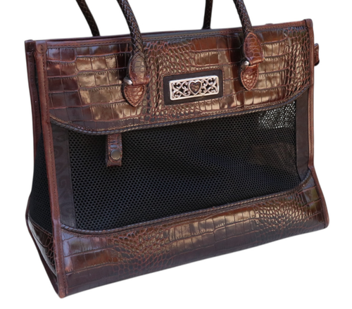 Brighton Brown Black Croc Embossed Leather Mesh Pet Carrier Tote Bag - Picture 3 of 11