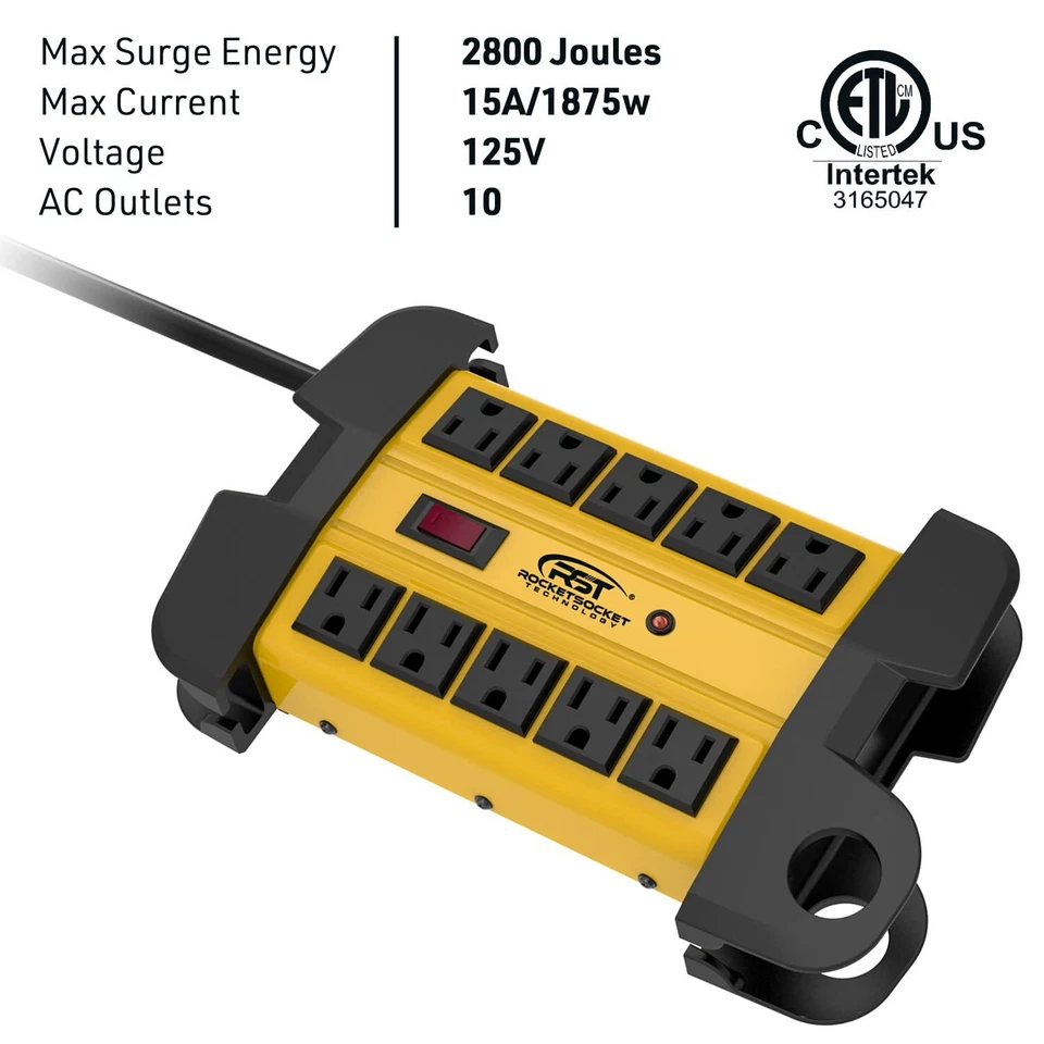 10-Outlet Heavy Duty Power Strip Surge Protector 2800 Joules, 6ft Extension Cord - Image 3 of 4