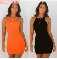 Summer Women Ribbed Bodycon Mini Dresses Ladies Strappy Clubwear Party Dress