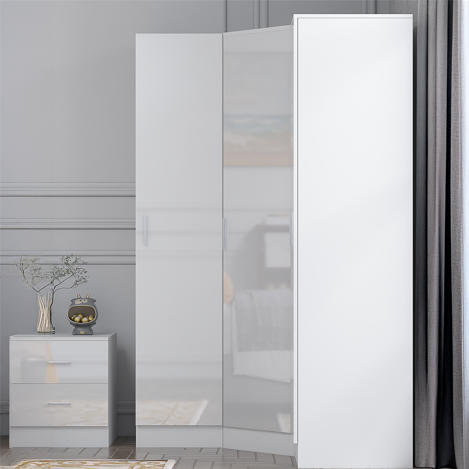 REFLECT 1 Door Corner + 1 Door Wardrobe - White High Gloss / White Matt