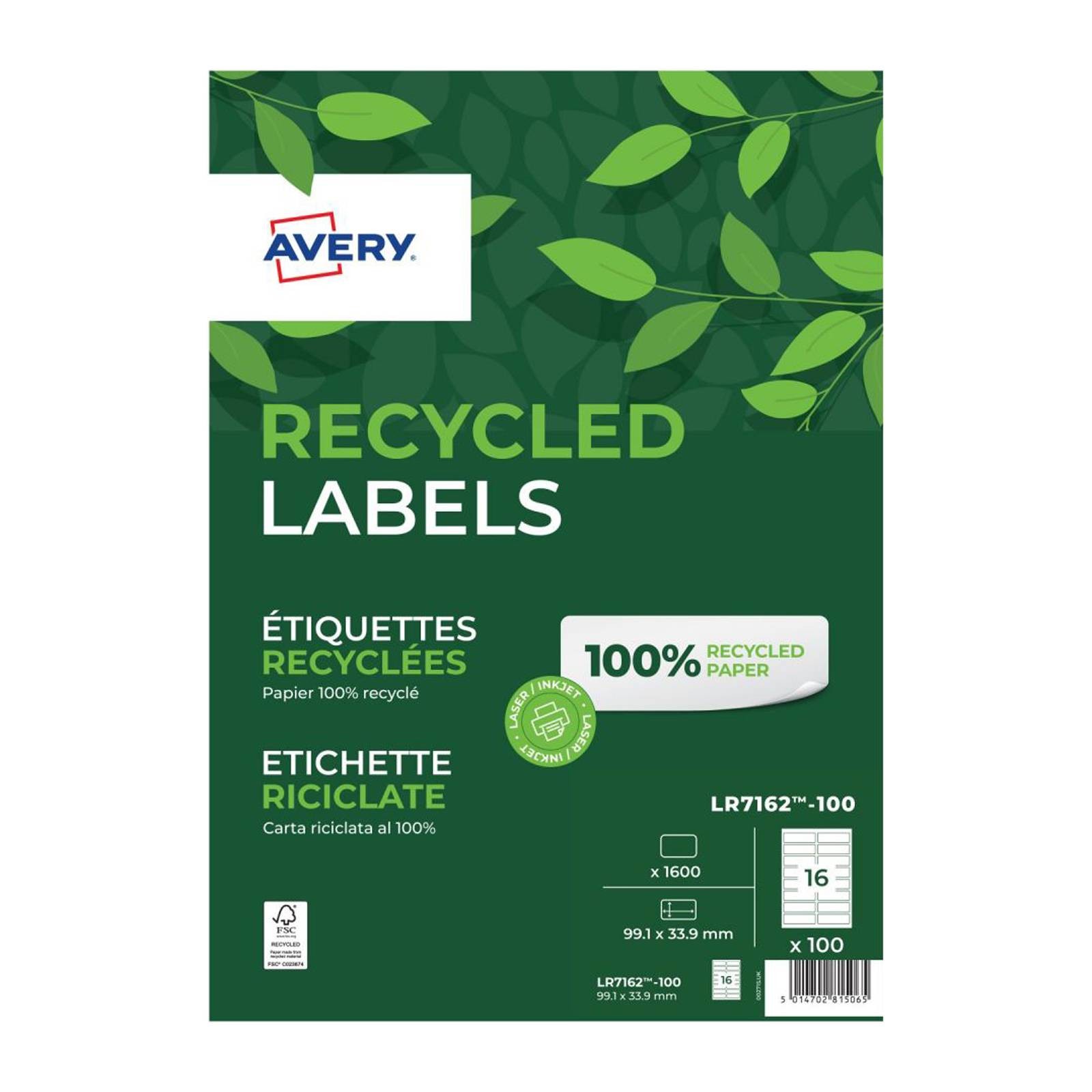Avery White 99.1 x 34 mm Self Adhesive Laser Recycled Address Labels - 16 Per Pa