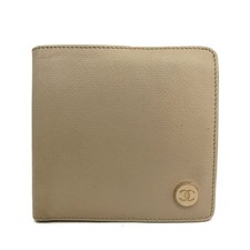 CHANEL Coco Button Beige Leather Bifold Wallet CC Logo Authentic France