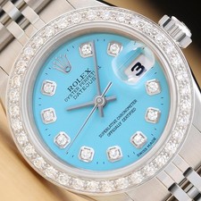 Rolex Ladies Datejust 69174 Aqua Blu Diamante 18K Oro Bianco Acciaio Orologio