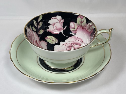 PARAGON PINK CABBAGE ROSE W/ BLACK & LIGHT GREEN TEA CUP & SAUCER Double Warrant - Picture 2 of 24