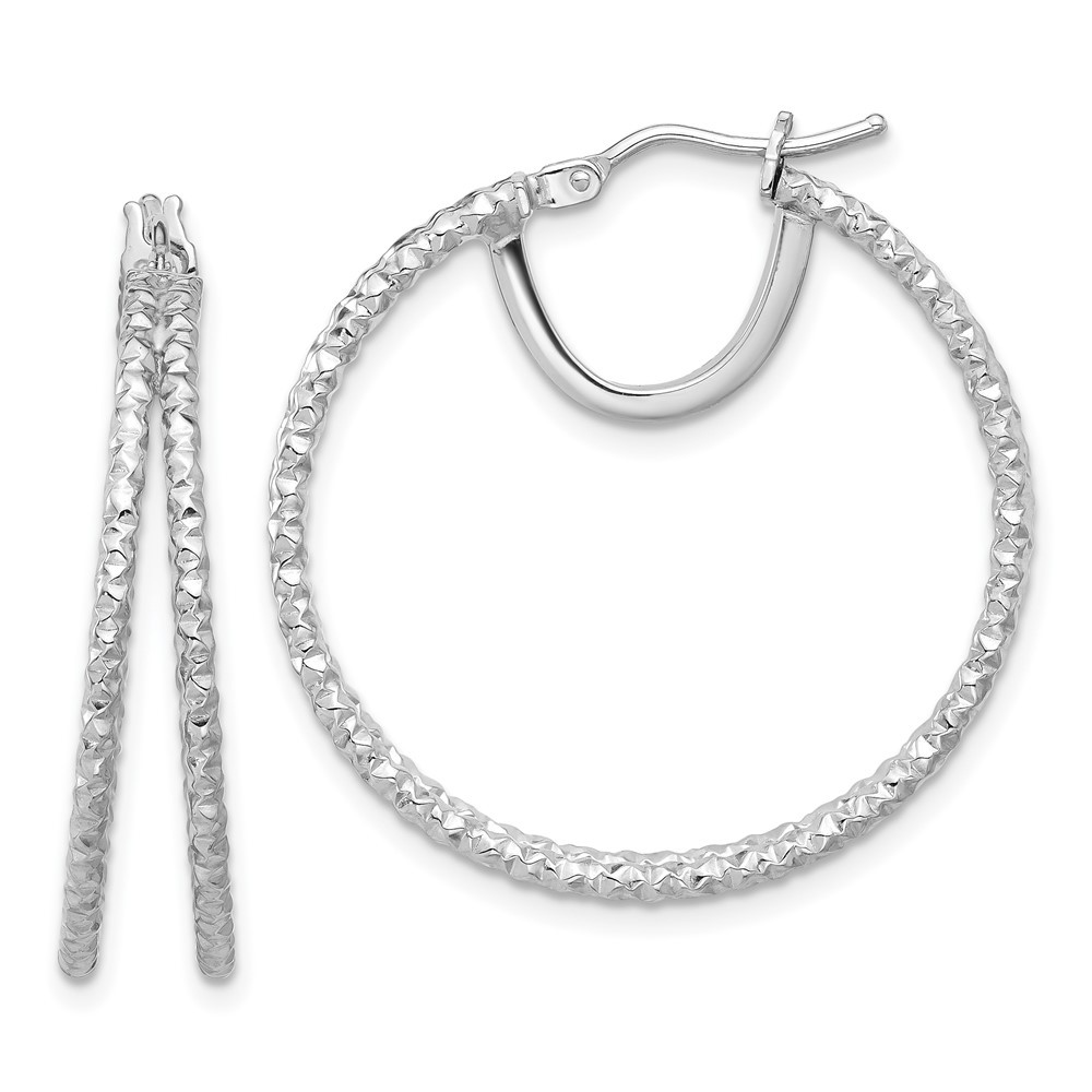 14K White Gold Polish and Textured Double Circle Hoop Earrings L-29.6 mm 2.86gm