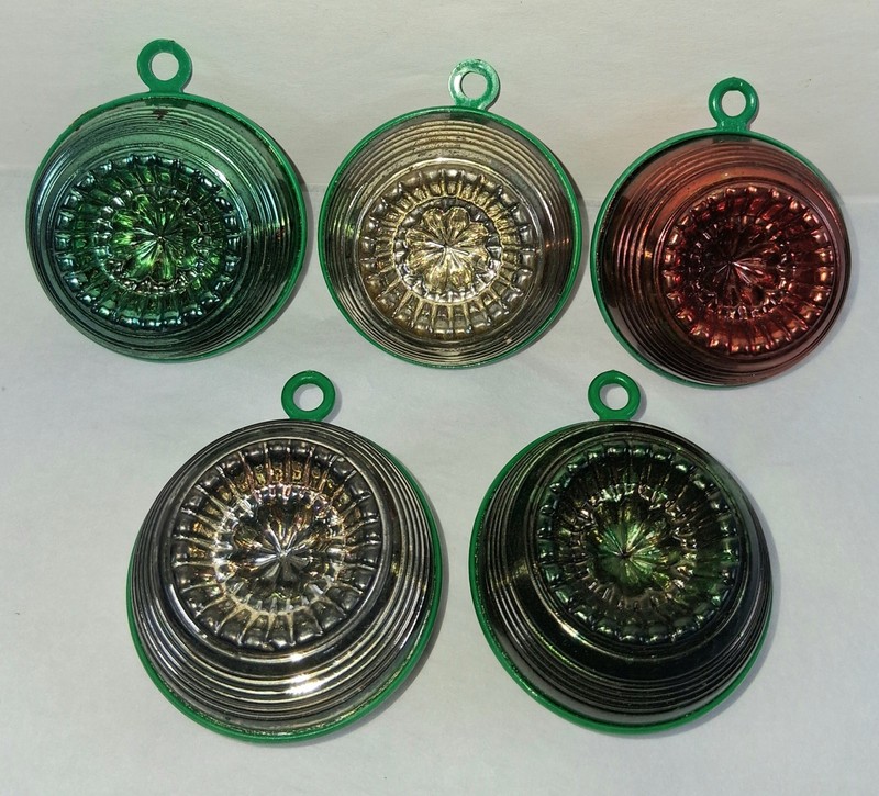 Vintage Celluloid Plastic Christmas 5 Double Indent Ornaments