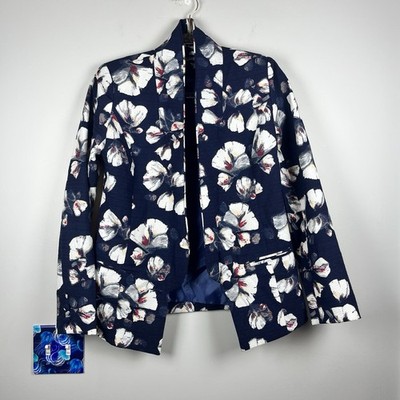 Missguided Navy Blue White Floral Work Career Boho Blazer Jacket Size 8