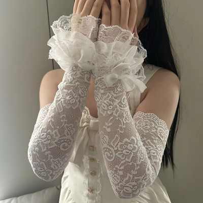 1 Pair Women Lolita Jk Lace Fingerless Gloves Black Gothic Fake Sleeves Trendy E