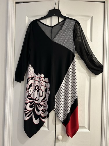 Chico's TRAVELERS STRICK Tunika Top ART TO WEAR~schwarz/rot/weiß~asymmetrischer Saum~0/S - Bild 1 von 8