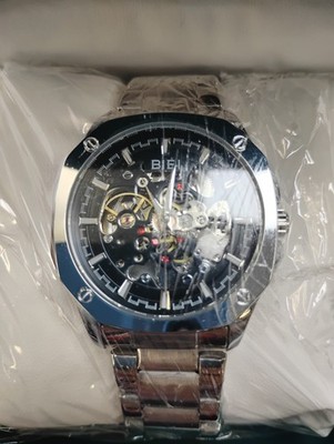 New BIBI Luxury Men's Skeleton Watch - Automatic Mechanical, Silver-Tone, w/ Box