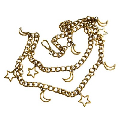 VTG gold tone metal chain star moon dangle Belt Necklace Cha cha bold link 41''