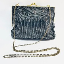 VTG Black Beaded Evening Bag Chain Shoulder Strap Pocket GoldTone3/4"Wx6"H READ