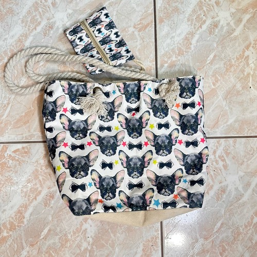 Frenchie Floating Head Tote Strandtasche Alltagstasche schwarz pink weiß Reißverschluss - Bild 5 von 6