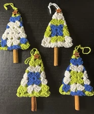 🌲Handmade Set Of 4 Crochet Granny Square Christmas Tree Primitive Ornaments