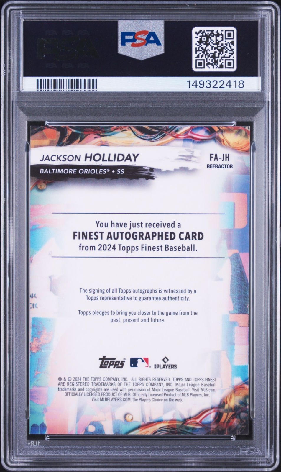 2024 Topps Finest Auto - Jackson Holliday #FA-JH Refractor RC PSA 10 Auto 9 view 3