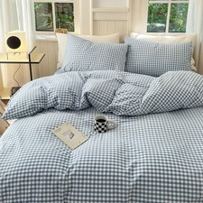 Blue White Plaid Duvet Cover Twin Soft Washed Cotton Plaid Gingham Bedding Se...