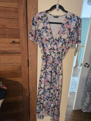 PrettyGarden Floral Wrap Midi Dress V-Neck Short Sleeve Chiffon Tie L Multi