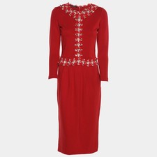 CH Carolina Herrera Red Jersey Tweed Detail Midi Dress XXS