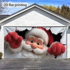 2D Flat, 1pc Santa Claus Breaking Through Paper Garage Door Banner - 2D Flat Pri