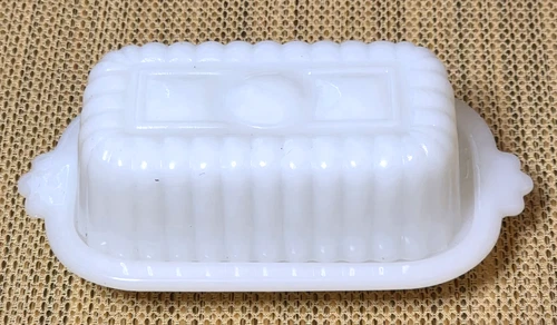 Hazel Atlas Mini White Milk Glass Butter Dish Half Stick Ribbed Scalloped Vtg
