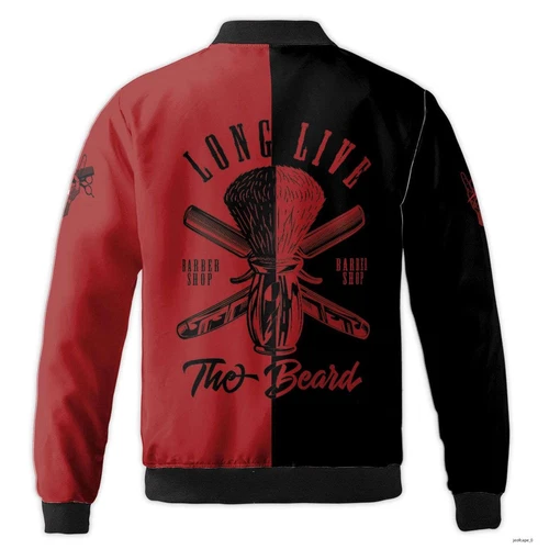 Custom Name Barber Black and Red Long Live The Beard Bomber Jacket S-5XL image 3