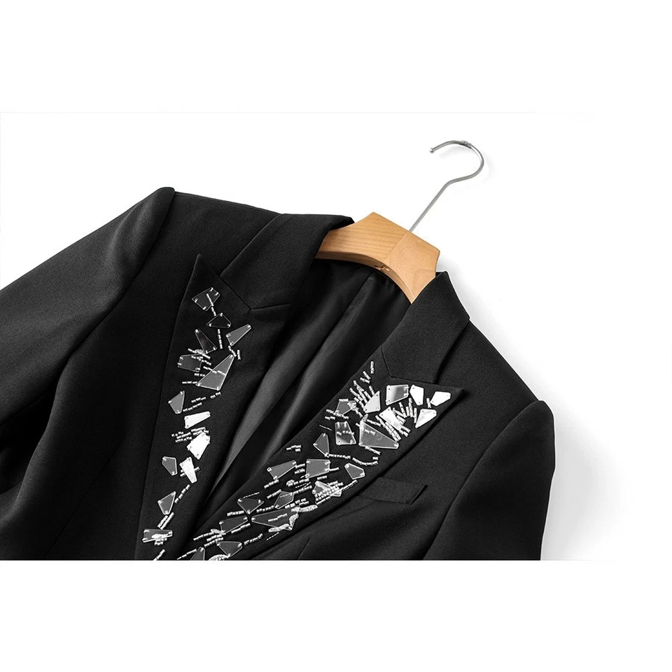 Nuevo Blazer Mujer Cuello Solapa Negro Cuello Cuentas S-2XL Top Oficina Abrigos Formales Foto 3 de 4