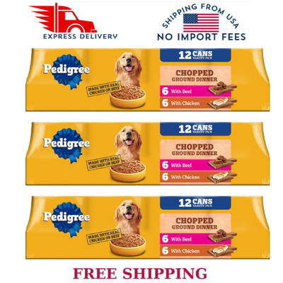 (3 pack) Pedigree Chopped Ground Dinner Chicken & Beef Wet Dog Food, 13.2 oz x12