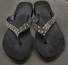 YellowBox BLINK Wedge Black Rhinestone Leather Strap Flip Flops Size 7