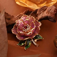 Crystal Rhinestone Peony Purple Flower Brooch Gold Pin Spring Summer Jewelry Gif