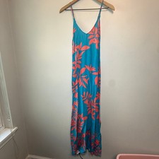 Old Navy Women's Blue Pink Tropical Leaf Print Rayon Maxi Dress Size Large