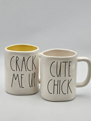 Rae Dunn Magenta Mug Set of 2-Cute Chick and Crack Me Up Yellow Interior 20 oz