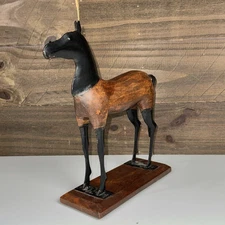 Primitive Style Fused Metal and Wood Carved Horse Wood Base Decor Folk Art