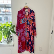 Farm Rio Pink Leaf & Floral Print Long Sleeve Maxi Shirt Dress Size XL