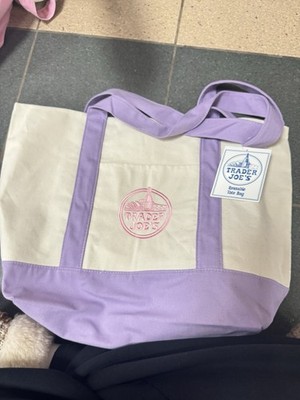 Trader Joe's Foldable Canvas Reusable Shopping Bag Purple Beige Solid