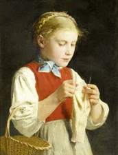 Young Lady Knitting by Albert Anker