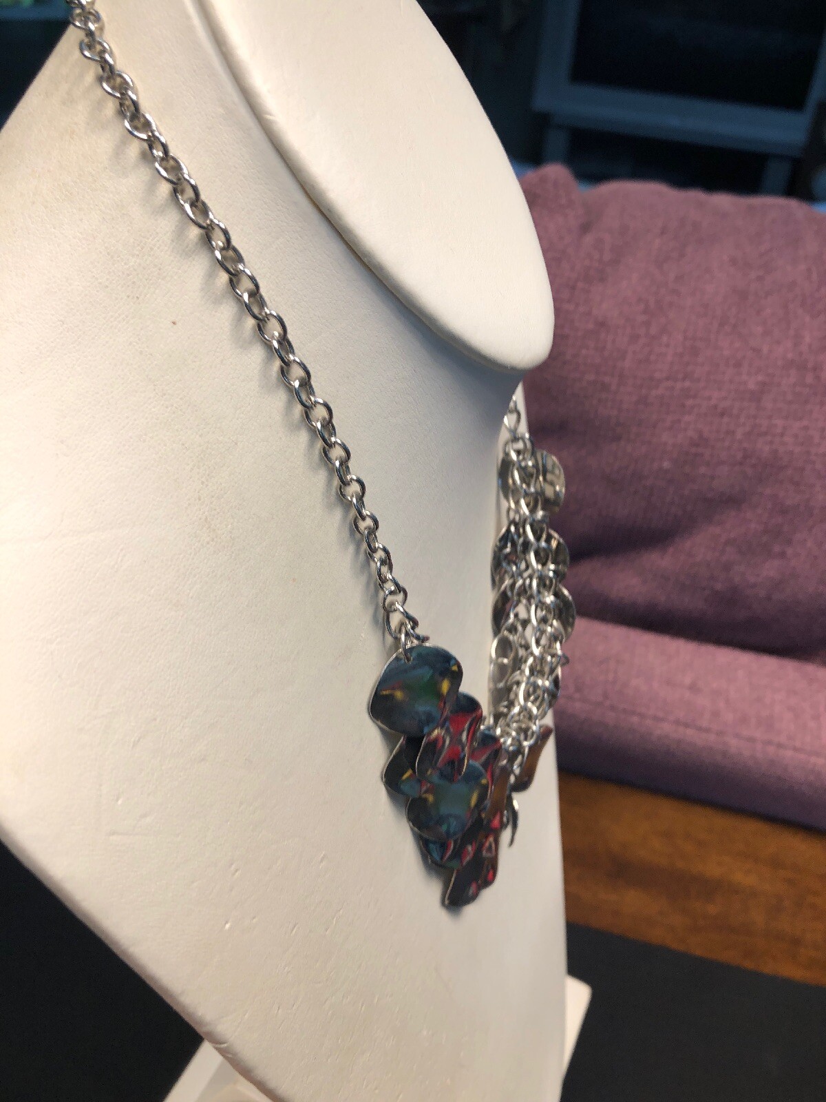 Statement Necklace Silver Tone Silver  Dangle Cha… - image 4