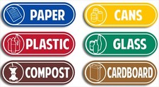 6pk recycling 185mm wide Signs Sticker card paper glass plastic cans compost