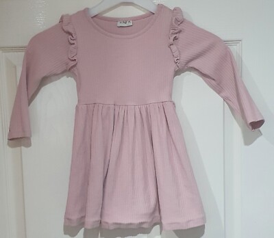 F&F TESCO Ribbed Frilly Long Sleeve Baby Girls Dress pink 2-3