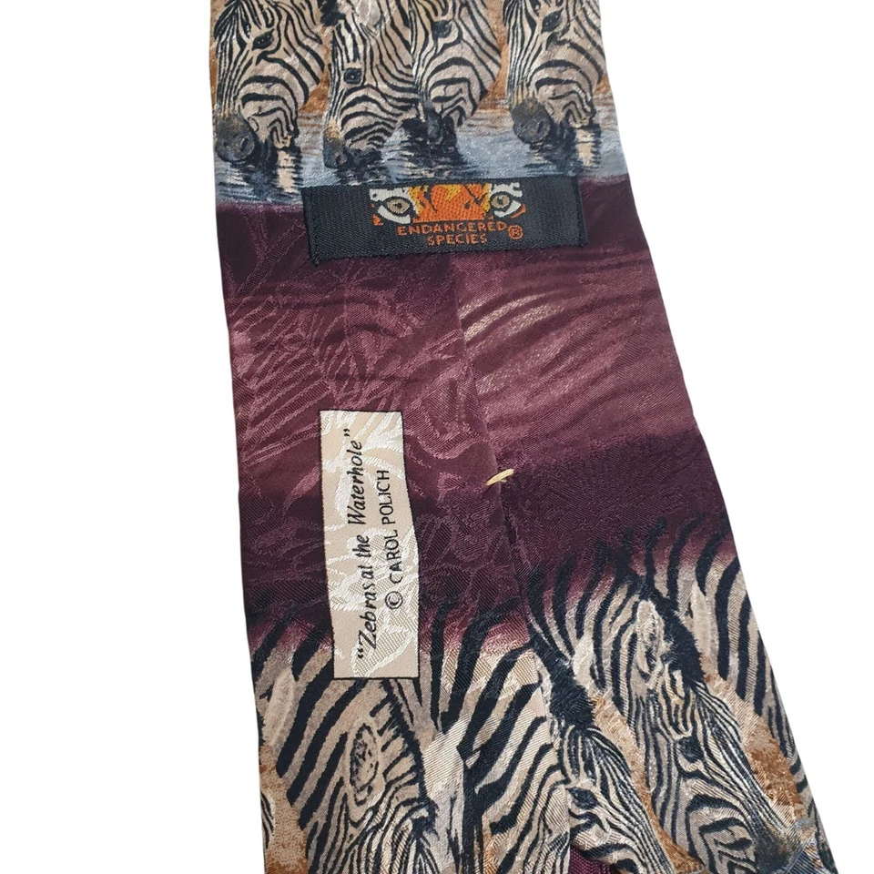 Corbata de colección con estampado de cebra de seda de especies en peligro de extinción Borgoña Zoo vida silvestre Foto 4 de 4