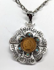 Vintage Central Brand 1908 Indian Head Penny Silver Tone 24" Pendant Necklace