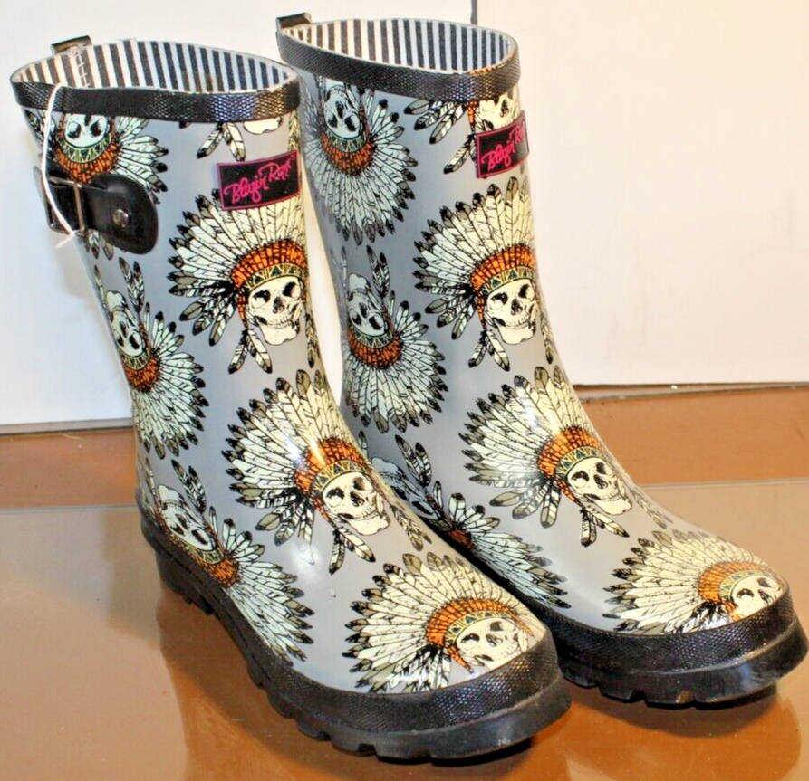 Women's Blazin Roxx Gray TRIBAL INDIAN SKULL RUBBER RAIN BOOTS 10