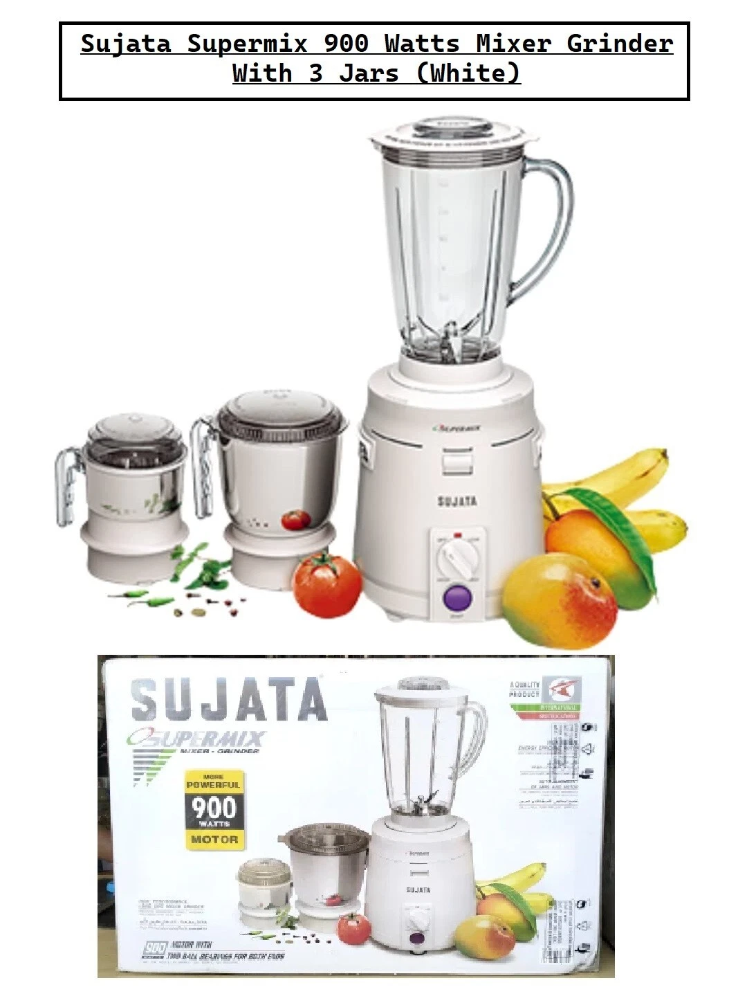 Sujata Supermix 900W Blender Grinder With 3 Containers (White)