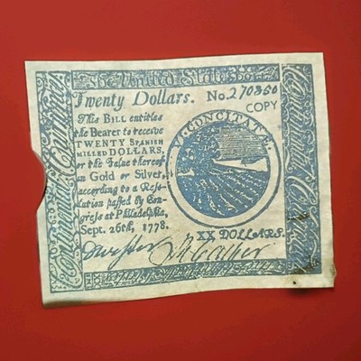 This is a modern reproduction (facsimile/copy) of a Continental Congress $20...