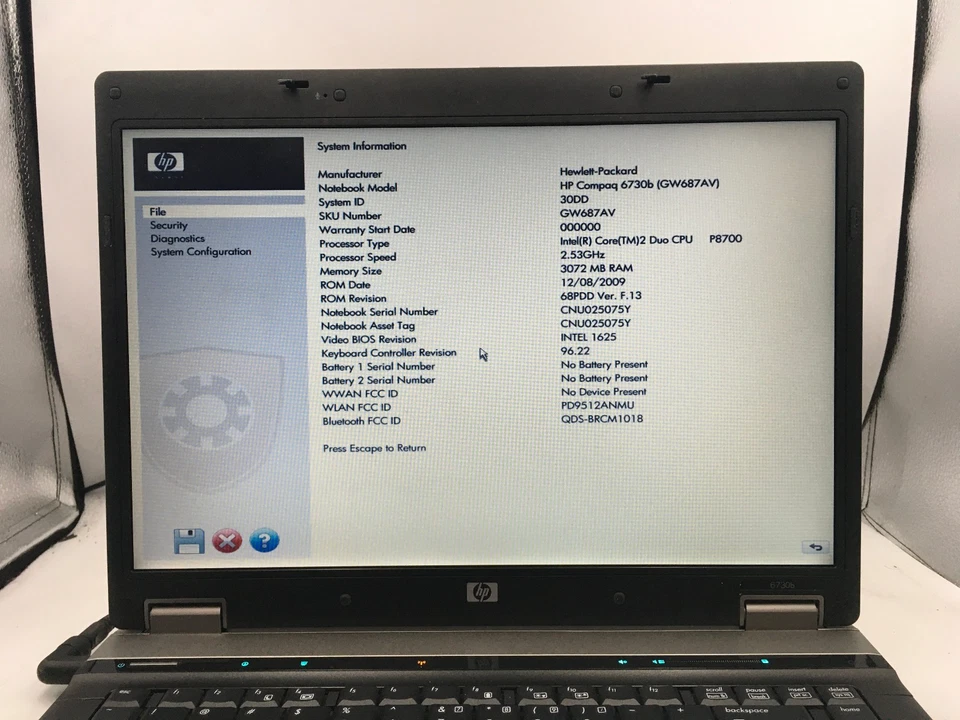 HP COMPAQ 6730B - BOOTS TO BIOS - INTEL CORE 2 DUO P8700 - NO RAM - READ - BB - Image 2 of 4