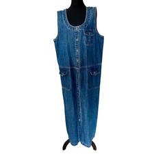 Classic Denim Maxi Dress Button Front Sleeveless Utility Pockets Blue Jean Sz XL