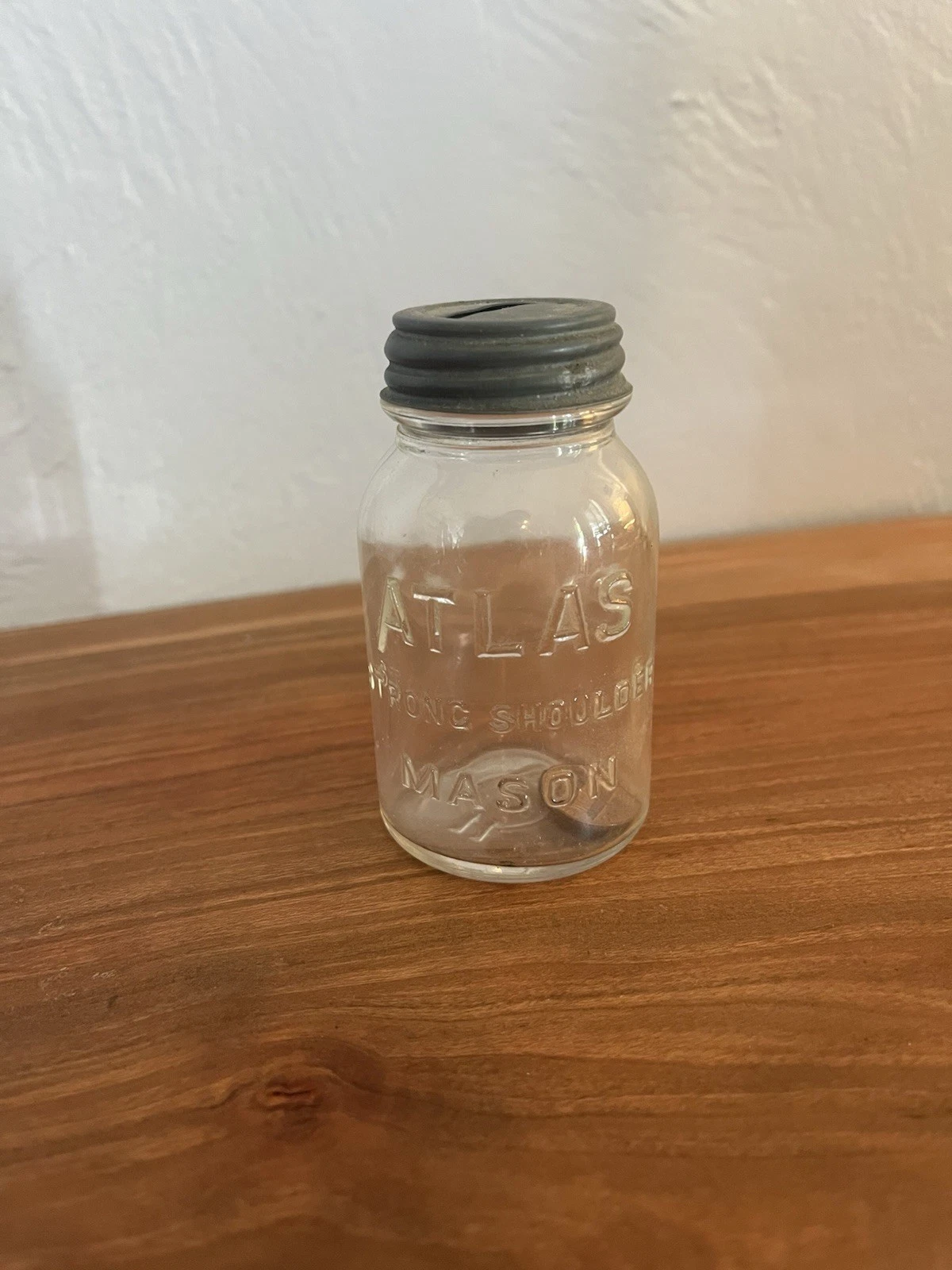 Vintage Mini Hazel Atlas Strong Shoulder Glass Mason Jar Bank Zinc Coin Slot Lid
