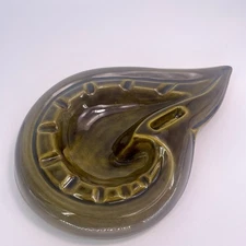 Amoeba Ashtray Olive Green Glazed Ceramic Vintage Retro 1970s Mid Century Signed
