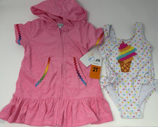 Girls Size 2T FlapDoodles 1-Piece Swimsuit & Hooded Full Zip Terry Coverup Pink